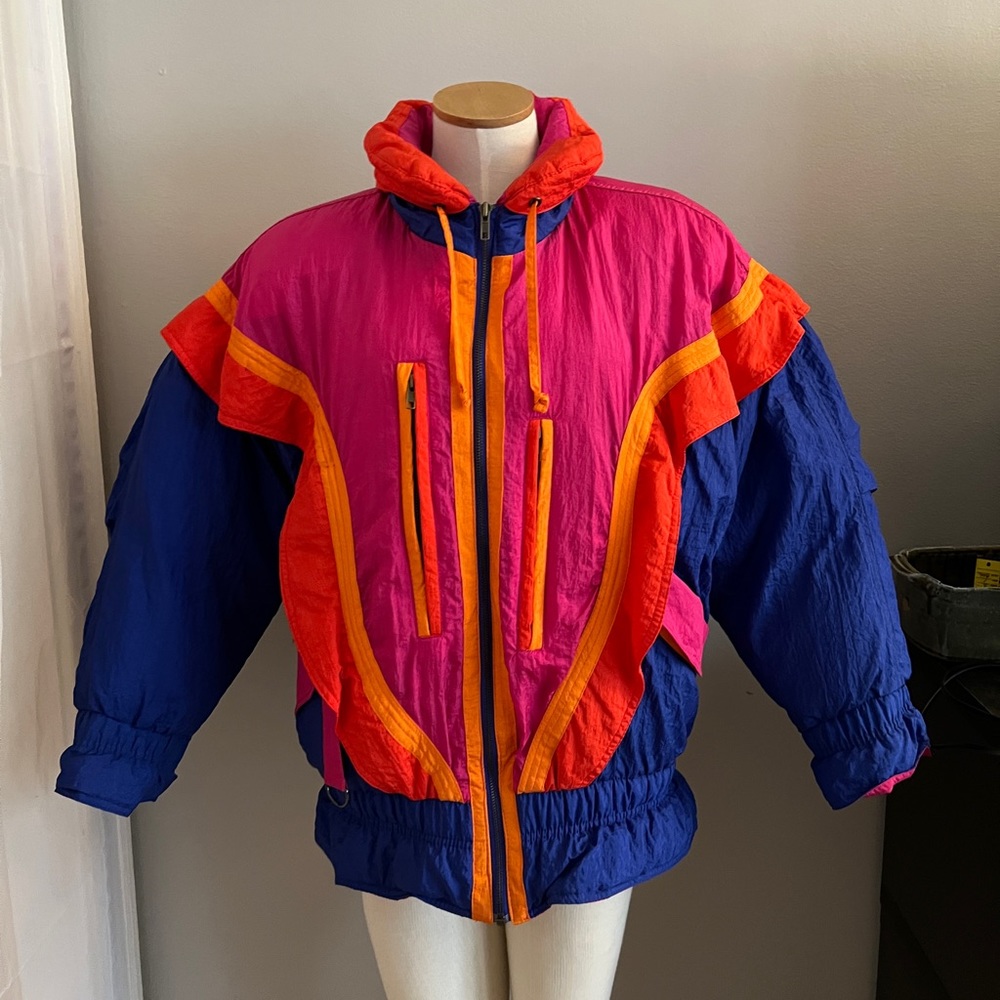 80s Retro Neon Orange Blue Down Puffer Ski Jacket - size small